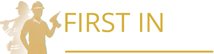 Logo for First In Decks and Fencing featuring silhouettes of two workers, one with a saw and the other with a drill, emphasizing professional craftsmanship and dependable service in custom deck installation and outdoor living solutions.| First In Decks and Fencing | Virginia Beach Deck Builders