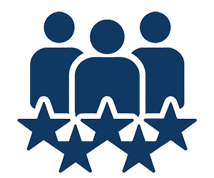 A blue icon shows three people standing behind five stars, symbolizing professional craftsmanship and dependable service in outdoor living projects like custom decks and fence installation.| First In Decks and Fencing | Virginia Beach Deck Builders