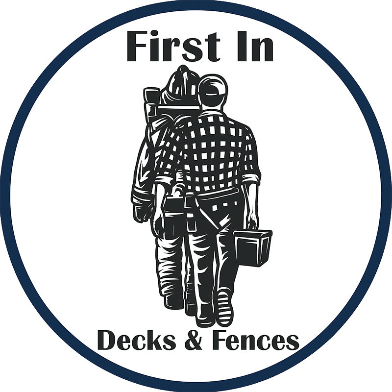 Logo showing two figures, a firefighter and a worker holding a toolbox, symbolizing teamwork. Text reads "First In Decks & Fences," representing professional craftsmanship in deck installation and outdoor living solutions.| First In Decks and Fencing | Virginia Beach Deck Builders