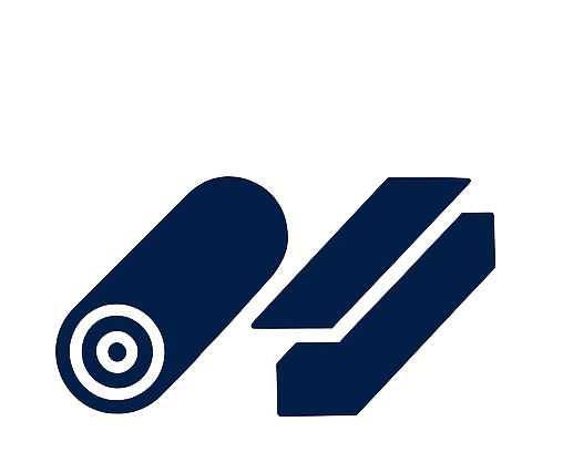 A blue logo features a rolled-up material next to two angled shapes, symbolizing professional craftsmanship in deck installation using durable materials.| First In Decks and Fencing | Virginia Beach Deck Builders