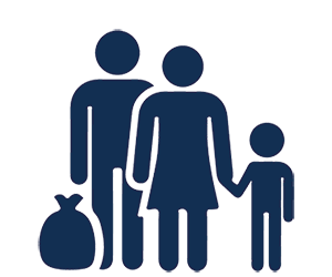 A navy blue icon of a family with two adults and a child holding hands, alongside a bag, symbolizes dependable service for military families in outdoor living solutions like pergolas and sheds in Chesapeake, Virginia Beach, and Norfolk.| First In Decks and Fencing | Virginia Beach Deck Builders