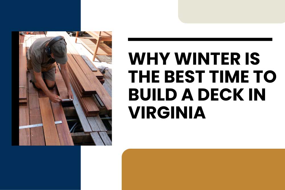 A man measures wood planks on a partially built deck under construction, emphasizing high-quality, professional craftsmanship in deck installation for home improvement projects in Virginia.| First In Decks and Fencing | Virginia Beach Deck Builders